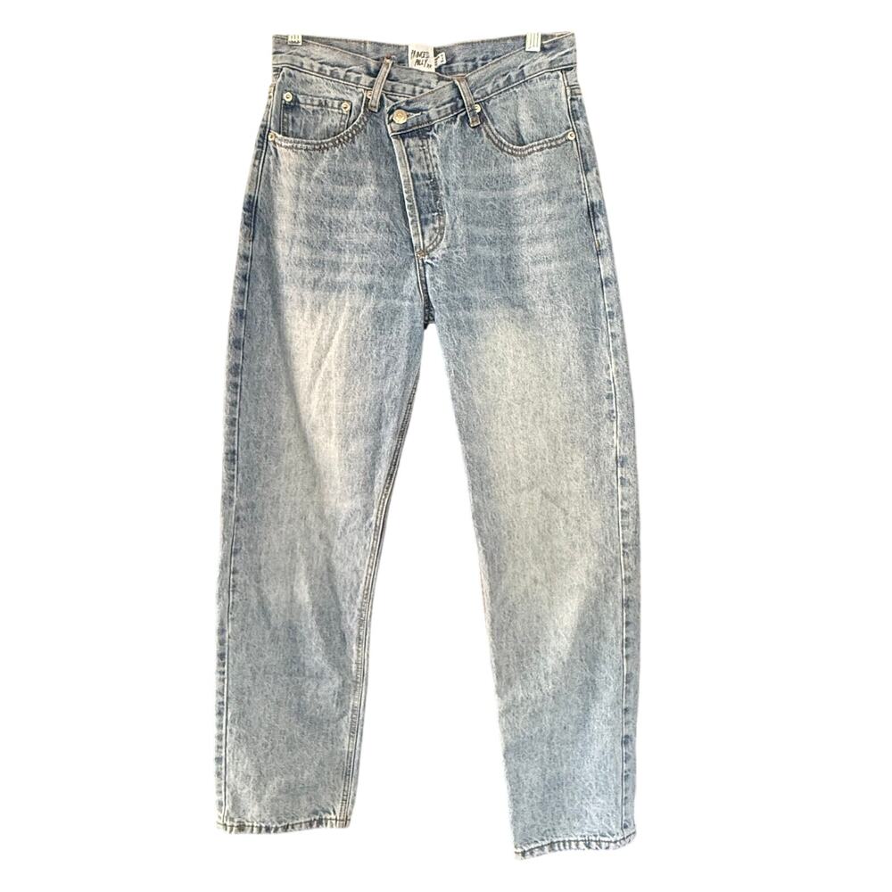 PRINCESS POLLY Sz 6 Trendy Asymmetric Straight Leg Lt Wash Oversized Denim Jeans